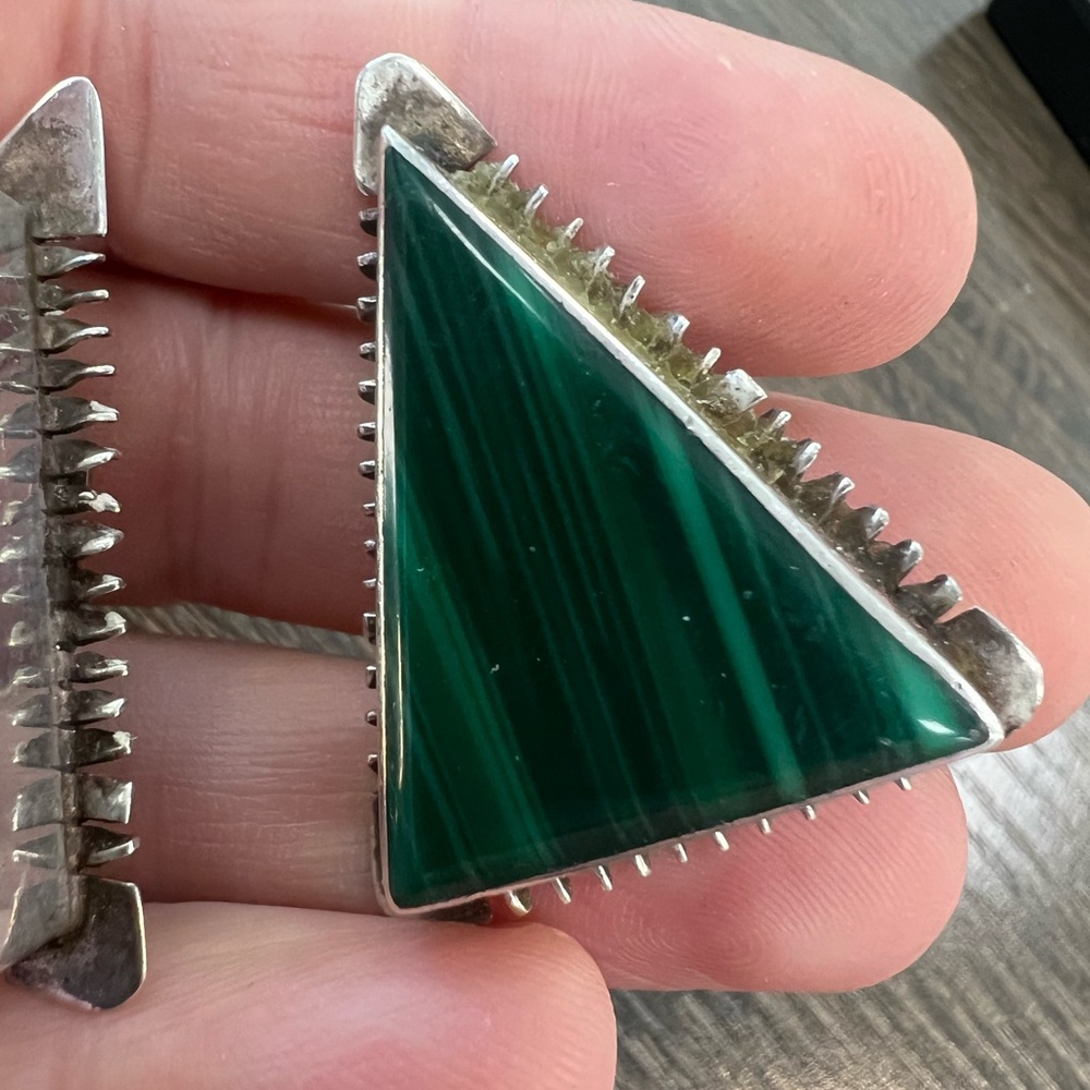 Vintage TAXCO Earrings MALACHITE Gemstones Sterling Mexico Clip 24G - Picture 9 of 16